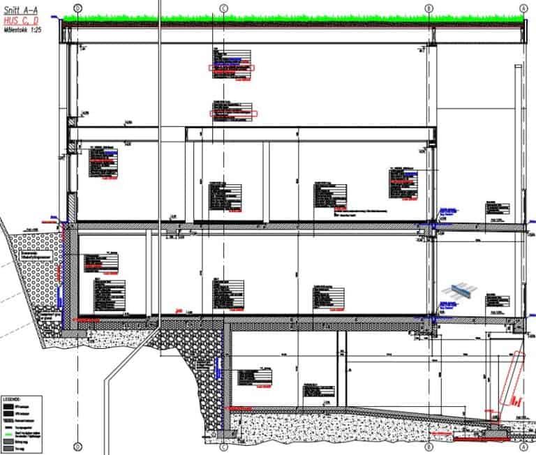 Standard tegning av byggestruktur for nyebolig med flere etasjer og detaljerte konstruksjonselementer.