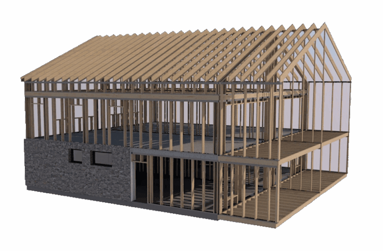 Moderne trehusskisse som viser bygging og konstruksjon av nye boliger, perfekt for å visualisere byggeprosesser og arkitektdesign på din nye nettside.