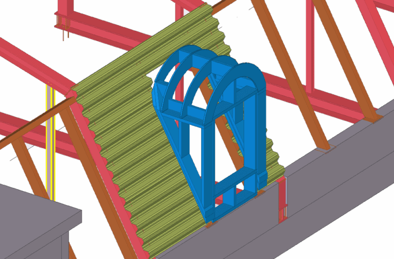 Tak- og veggbarm, 3D-arkitekturmodell av byggkonstruksjon, viser elementer for takrenner og montering, profesjonell takkonstruksjon og byggdesign.