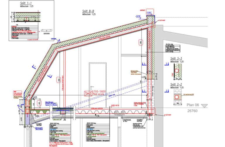 Detaljert bygningskonstruksjon tegning med fokus på isolasjon og takutforming for ny nettside.