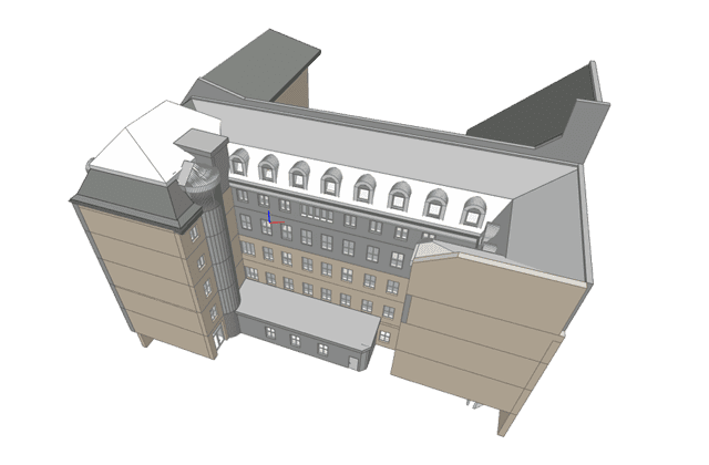 Elegant arkitektur av et tradisjonelt kontorbygg i 3D-modell, perfekt for nettside design og byggkonsultasjon.