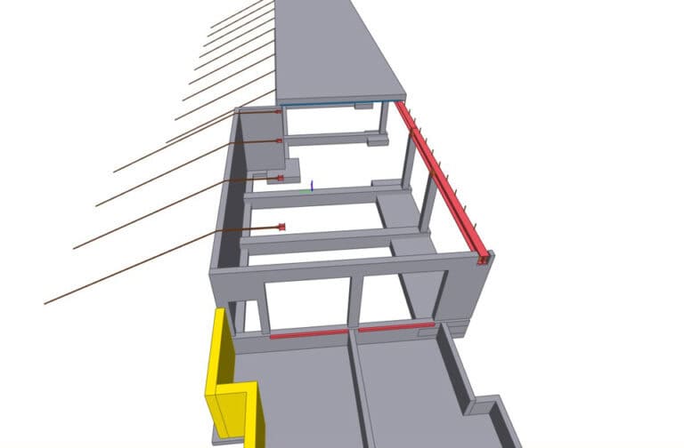 Konstruksjon av husmodell med trådløs takstoler og byggematerialer.
