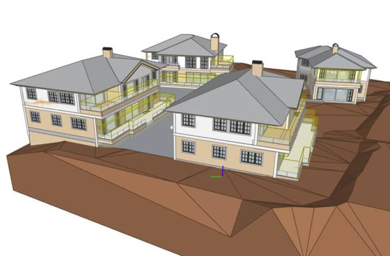 Moderne 3D-modell av ny bolig med arkitektonisk design og terrengintegrasjon.