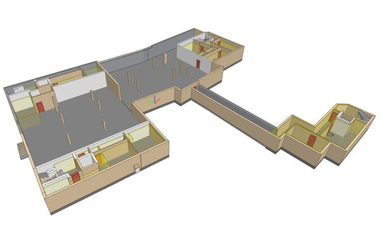Etasjefordeling av nybygg med åpne kontorlandskap og separate rom, egnet for moderne arbeidsplasser og kontordesign.